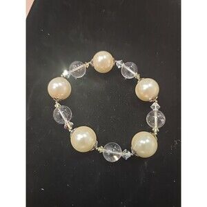 1970's VINTAGE BRACELET Style Faux Pearl & Faceted Clear Glass Beads B112415